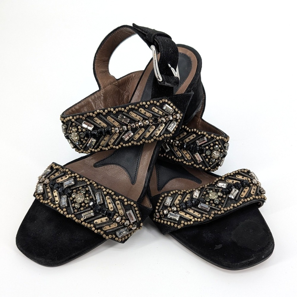 Marni Black Suede Beaded Crystal Block Heel Slingback Sandals Made in Italy